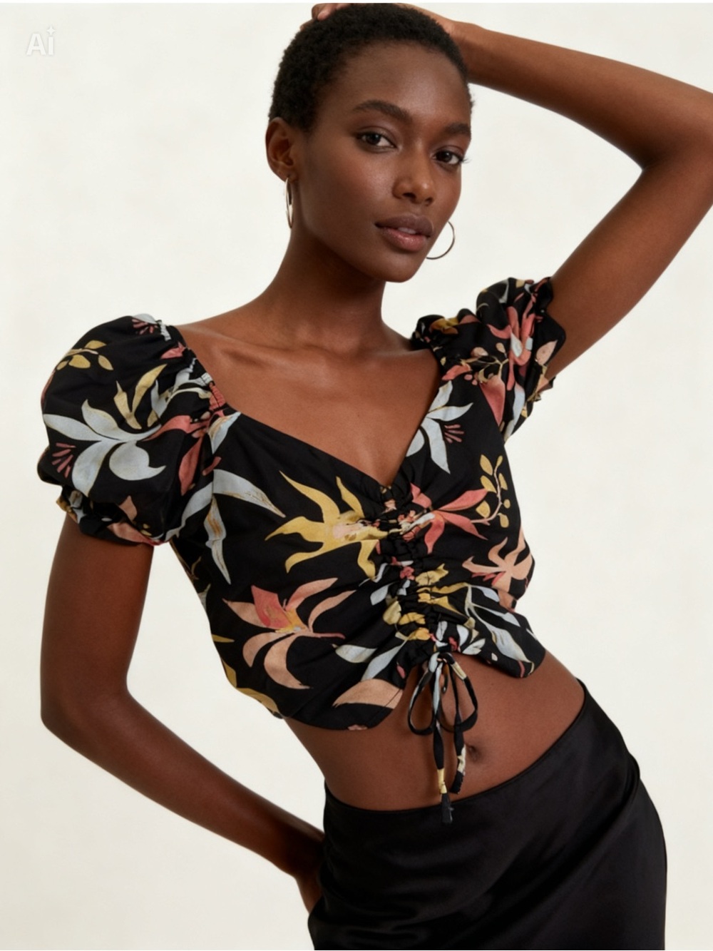 Forever 21 Black Floral Drawstring Puff Sleeve Crop Top